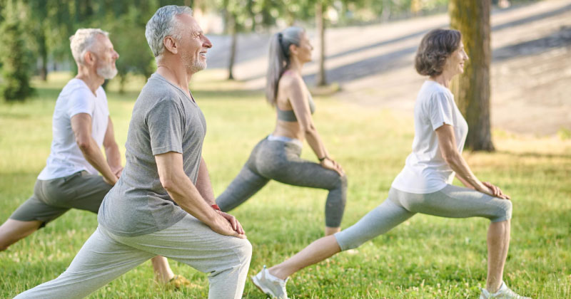 personas adultas realizando estiramiento en una sesion de ejercicio